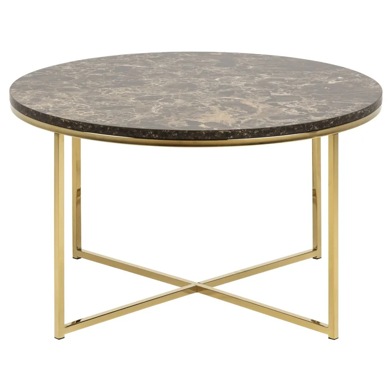 Toilinux.com Table Basse Ronde Effet marbre en Bois et métal - L.80 cm x H. 45 cm - Marron et Doré