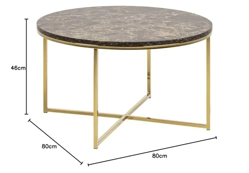 Toilinux.com Table Basse Ronde Effet marbre en Bois et métal - L.80 cm x H. 45 cm - Marron et Doré