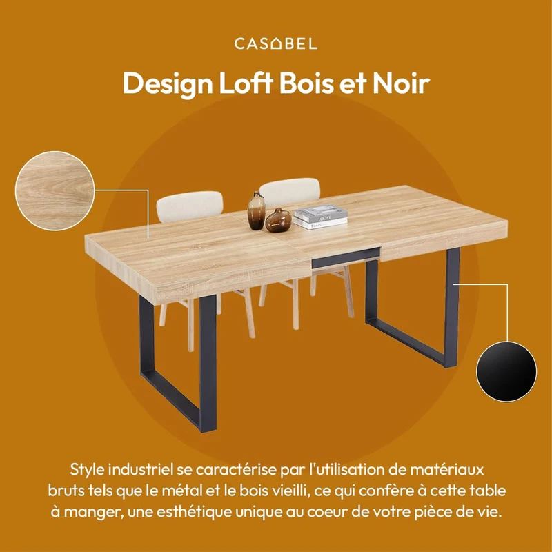 CASABEL - Table à Manger Extensible avec Rallonge - Grande Capacité - Style Industriel - Plateau de 160 à 200 cm - 6 à 8 Personnes - Pieds en métal - Salle à Manger, Cuisine - Bois Clair et Noir