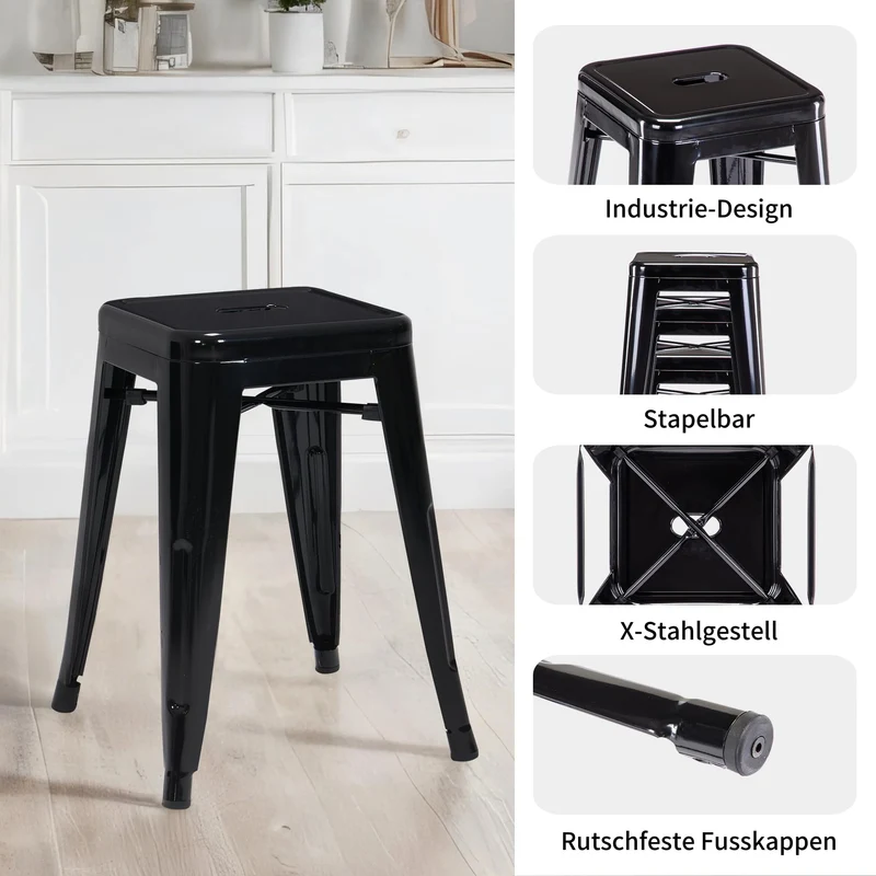 DUHOME Tabouret de Bar Industriel Chaise Salle à Manger Lot de 2 Tabouret Empilables Siège Bistrot Cadre en Métal pour Cuisine Restaurants (Noir, 46cm)