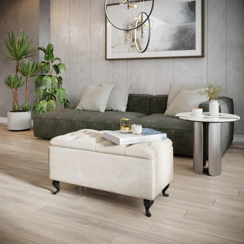 Banc rembourré de Rangement MODIANO BL 81x42cm - Velours Beige, Siège, Banquette, Coffre de Stockage avec Couvercle, Pouf pour Salon Chambre Entrée Couloir Coiffeuse Bout de Lit