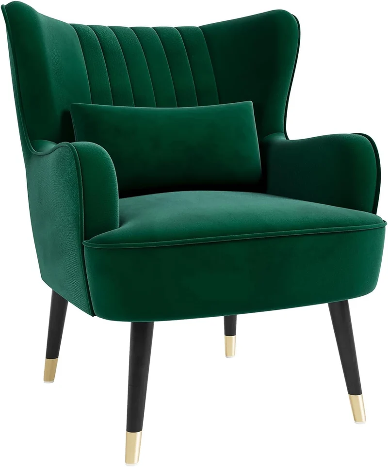 Vesgantti Fauteuil en Velours avec Oreiller Lombaire Fauteuil Scandinave Chaise Fauteuil Relax Confortable Pieds en Métal pour Salon Chambre 67 x 82 x 89 cm Charge Max. 180kg - Vert