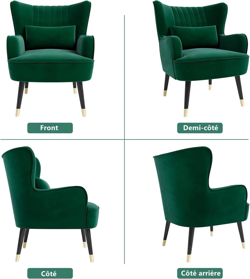 Vesgantti Fauteuil en Velours avec Oreiller Lombaire Fauteuil Scandinave Chaise Fauteuil Relax Confortable Pieds en Métal pour Salon Chambre 67 x 82 x 89 cm Charge Max. 180kg - Vert