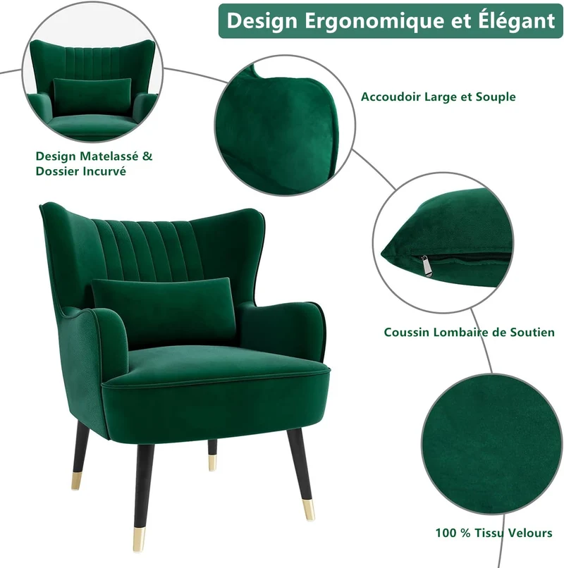 Vesgantti Fauteuil en Velours avec Oreiller Lombaire Fauteuil Scandinave Chaise Fauteuil Relax Confortable Pieds en Métal pour Salon Chambre 67 x 82 x 89 cm Charge Max. 180kg - Vert
