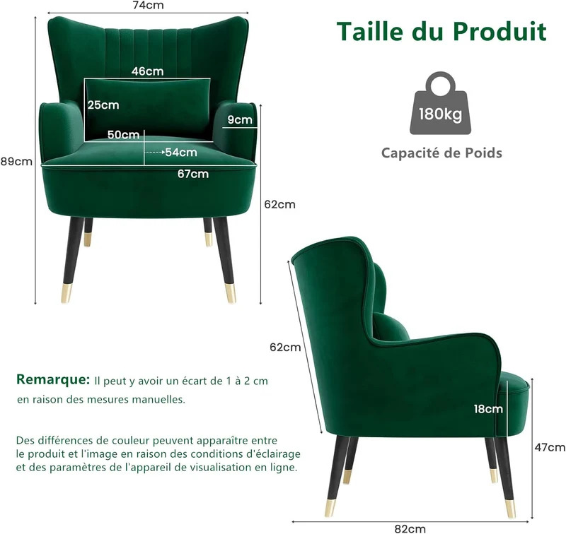 Vesgantti Fauteuil en Velours avec Oreiller Lombaire Fauteuil Scandinave Chaise Fauteuil Relax Confortable Pieds en Métal pour Salon Chambre 67 x 82 x 89 cm Charge Max. 180kg - Vert