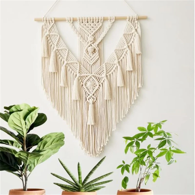 BMIDRUT Tapisserie macramé en coton tissé à la main avec pompons, décoration artisanale, chambre à coucher, salon, appartement, 45 x 75 cm