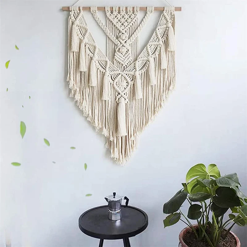 BMIDRUT Tapisserie macramé en coton tissé à la main avec pompons, décoration artisanale, chambre à coucher, salon, appartement, 45 x 75 cm