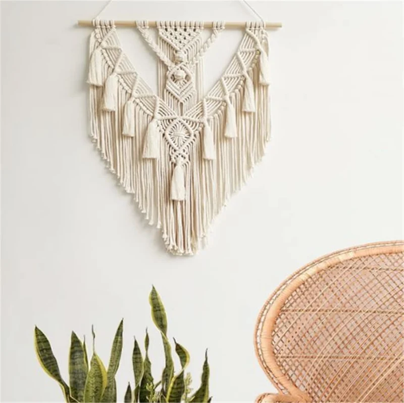BMIDRUT Tapisserie macramé en coton tissé à la main avec pompons, décoration artisanale, chambre à coucher, salon, appartement, 45 x 75 cm