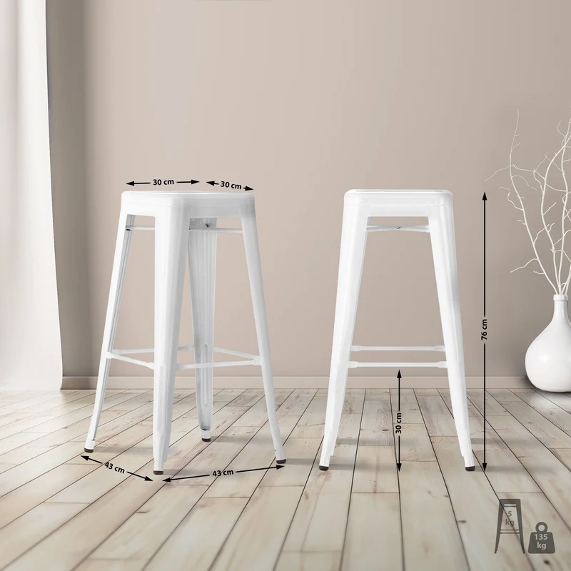 CLP Tabouret de Bar Joshua I Tabouret de Bar empilable en métal I Chaise de Bar avec Repose-Pieds I Hauteur d'assise 76 cm I Tabouret empilable, Couleur:Blanc
