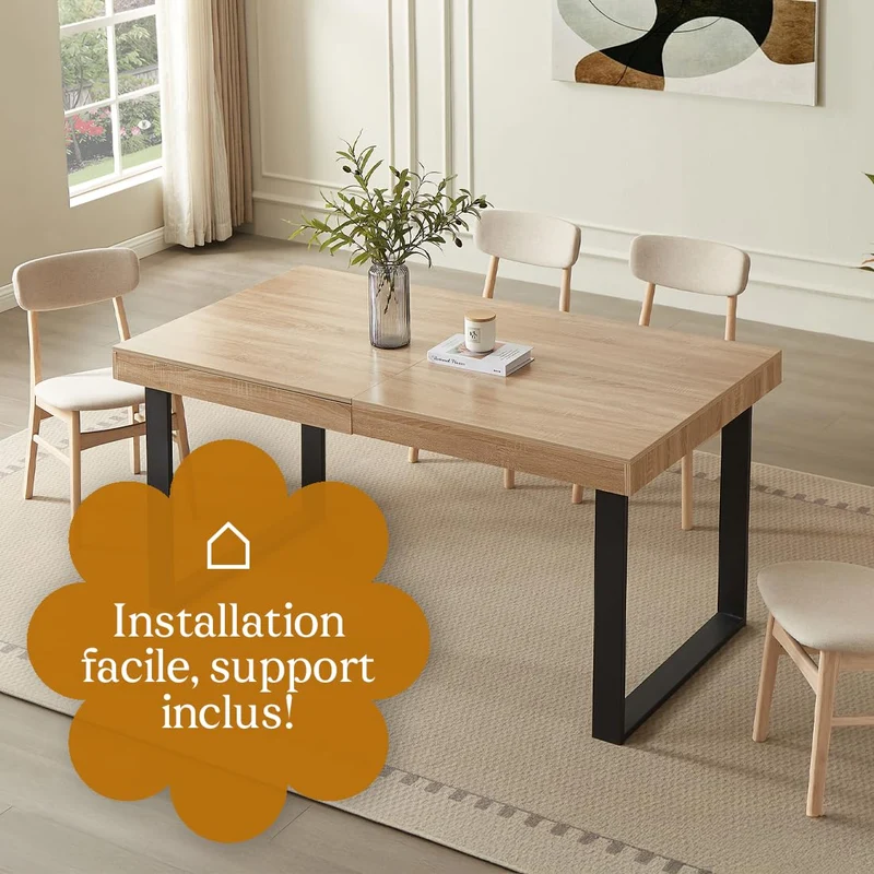 CASABEL - Table à Manger Extensible avec Rallonge - Grande Capacité - Style Industriel - Plateau de 160 à 200 cm - 6 à 8 Personnes - Pieds en métal - Salle à Manger, Cuisine - Bois Clair et Noir