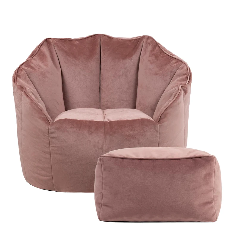 Icon Sirena Fauteuil Pouf Velours avec Tabouret, Pouf Chambre avec Remplissage, Fauteuil Salon Confortable, 1 Place, Chaise Chambre, Meuble Salon, Rose Poudre