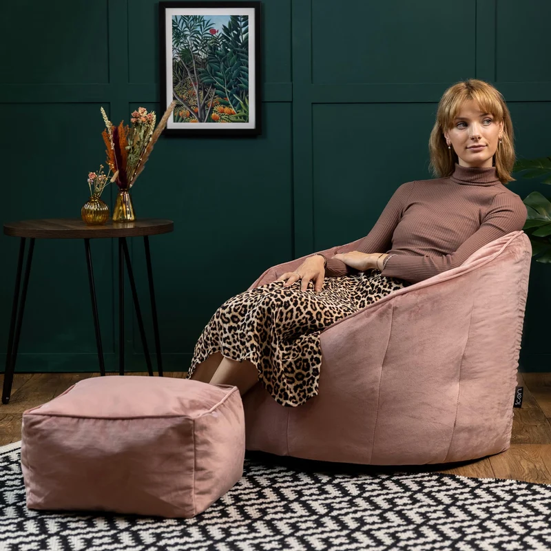 Icon Sirena Fauteuil Pouf Velours avec Tabouret, Pouf Chambre avec Remplissage, Fauteuil Salon Confortable, 1 Place, Chaise Chambre, Meuble Salon, Rose Poudre