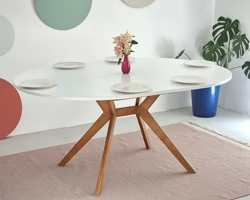 Ragaba, Biju, Table de Salle à Manger Ronde, 110 cm, Table de Salle à Manger pour 6 Personnes, Frêne Massif et Plateau MDF, Peu encombrante, Extensible, Vieux Rose