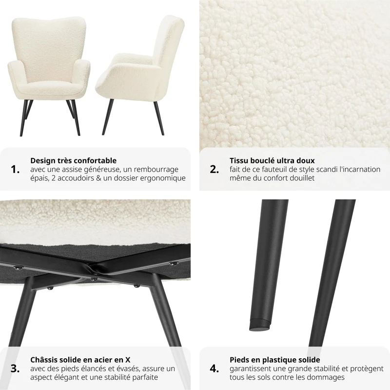 TecTake® Fauteuil Relax Confortable en Tissu Bouclette Fauteuil Scandinave Moelleux avec Accoudoirs & Dossier Ergonomique pour Salle à Manger, Salon, Chambre, Siege Bureau, Allaitement Crème/Noir