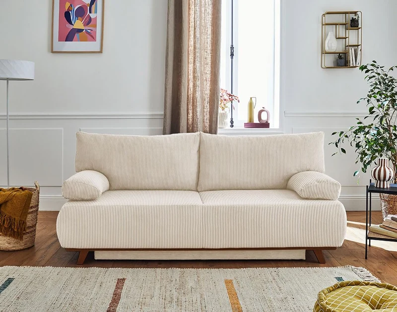 Best Mobilier - Canapé Convertible avec Coffre Cristal en Velours Côtelé - Canapé Lit - Sofa Beige 3 Places - Salon