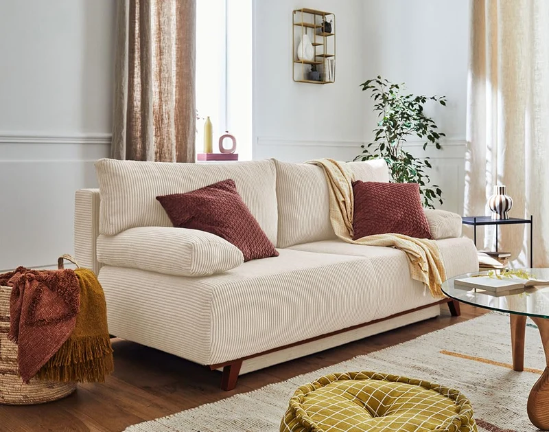 Best Mobilier - Canapé Convertible avec Coffre Cristal en Velours Côtelé - Canapé Lit - Sofa Beige 3 Places - Salon