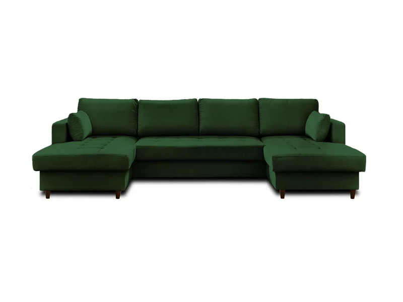 Lisa Design - Canapé Panoramique en U Convertible avec Coffre Anna en Velours - Canapé Lit - Grand Sofa XXL Vert 7 Places - Salon