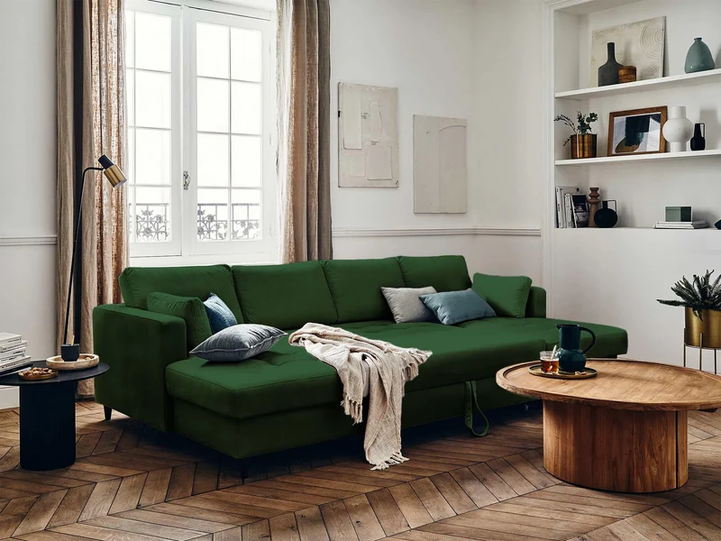 Lisa Design - Canapé Panoramique en U Convertible avec Coffre Anna en Velours - Canapé Lit - Grand Sofa XXL Vert 7 Places - Salon