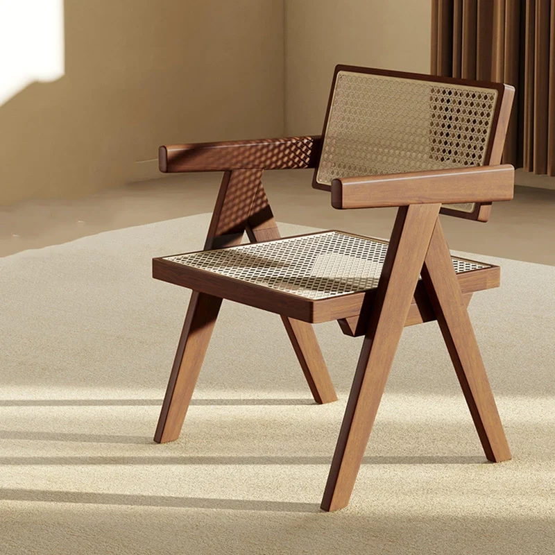 Chaise de salle à manger en rotin avec accoudoirs et coussin ajouré pour salon, chambre à coucher, salle de lecture et bureau, finition noyer