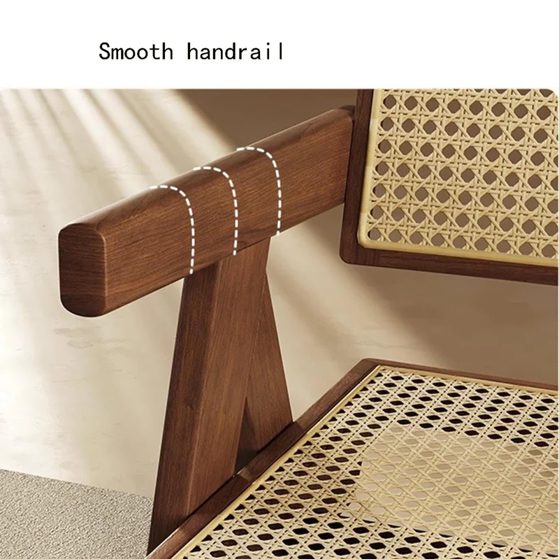 Chaise de salle à manger en rotin avec accoudoirs et coussin ajouré pour salon, chambre à coucher, salle de lecture et bureau, finition noyer