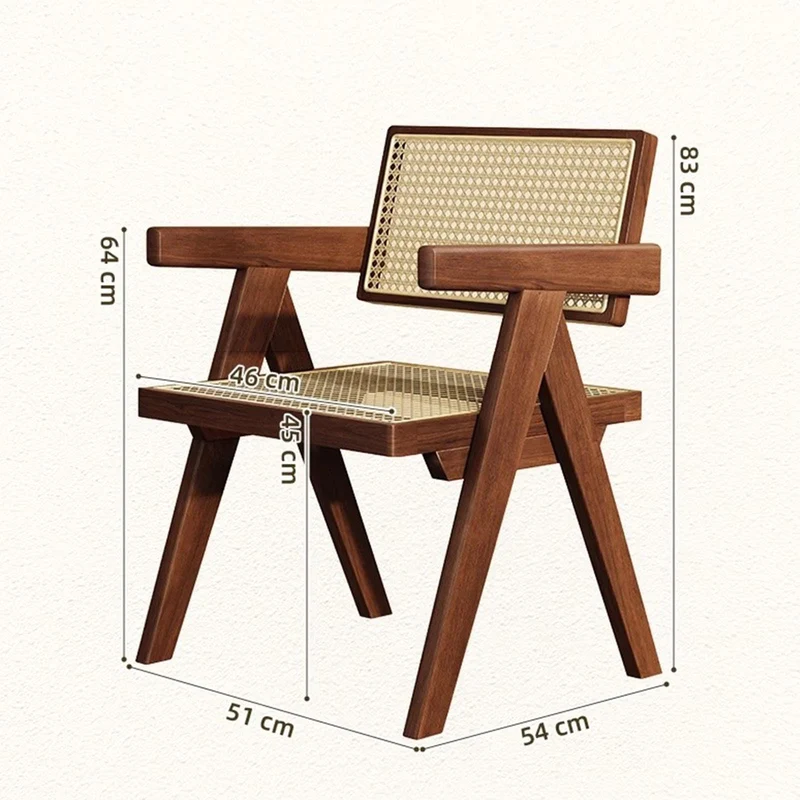 Chaise de salle à manger en rotin avec accoudoirs et coussin ajouré pour salon, chambre à coucher, salle de lecture et bureau, finition noyer