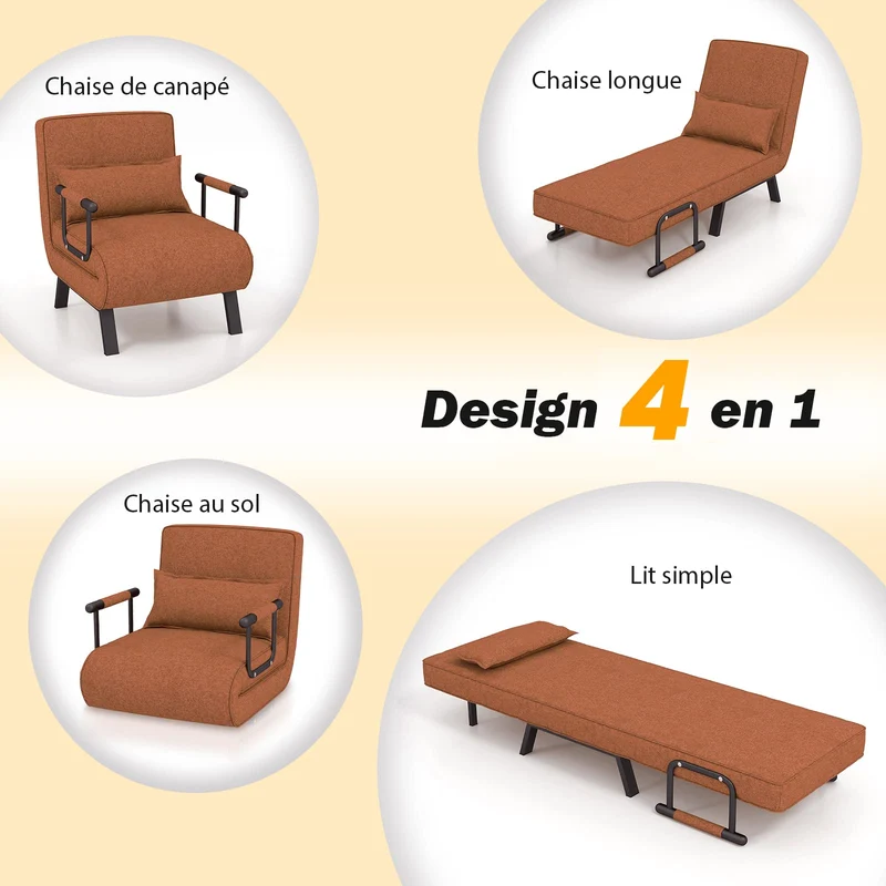 COSTWAY Fauteuil Convertible 1 Place, Fauteuil-Lit Chauffeuse 4-en-1 Dossier Réglable 6 Position, Oreiller, Siège Rembourré, Accoudoirs, Cadre Métal, Canapé-Lit Pliant pour Maison, Bureau (café)