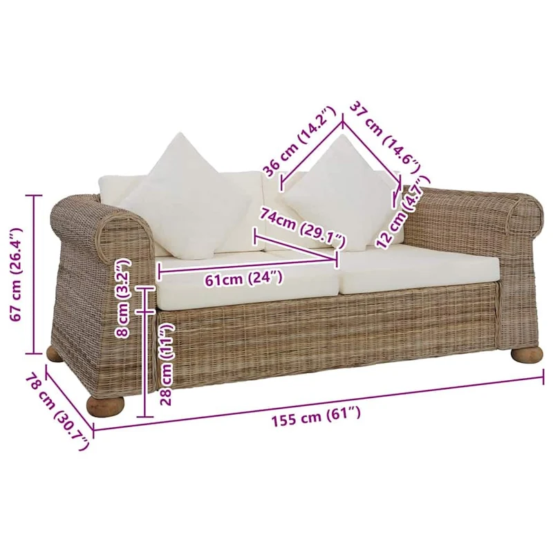 vidaXL Canapé à 2 Places avec Coussins Sofa de Salle de Séjour Meuble de Salon Maison Intérieur Canapé de Bureau Chambre Rotin Naturel