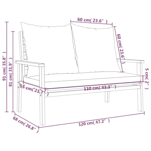 INLIFE Canapé de Jardin 120 cm avec Coussin Bois d'acacia massifMeubles,Mobilier de Jardin,Sièges de Jardin,Bancs de jardin-40.92 lb-Brun-33855