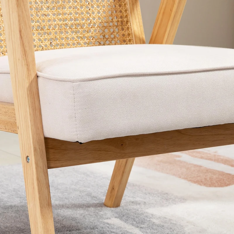 HOMCOM Fauteuil de Salon Confortable Chaise en Rotin avec Coussin épais- Dossier en cannage - Assise Profonde - Structure en Bois hévéa Aspect Lin Beige