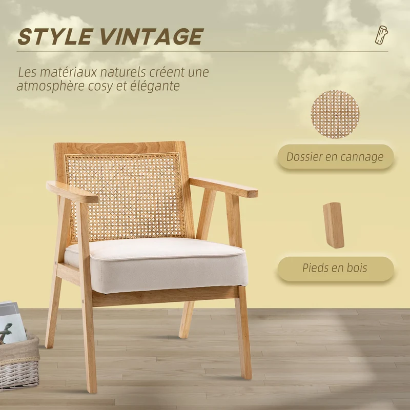 HOMCOM Fauteuil de Salon Confortable Chaise en Rotin avec Coussin épais- Dossier en cannage - Assise Profonde - Structure en Bois hévéa Aspect Lin Beige