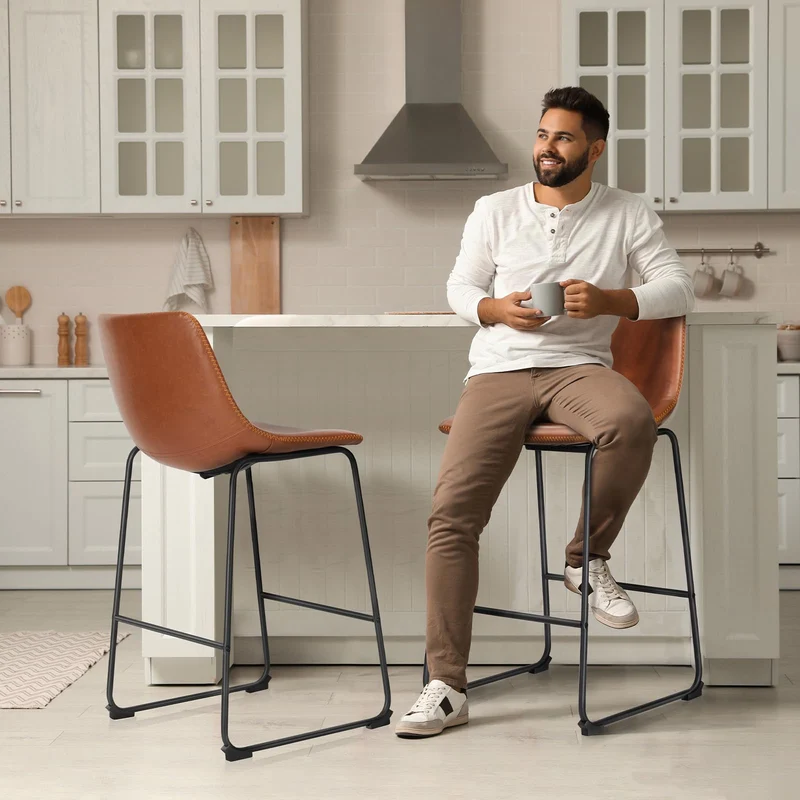 NEWBULIG Counter Height Lot de 2 tabourets de Bar avec Dossier en Cuir Matel pour Bar, bistrot, café, Cuisine, Hauteur d'assise 74 cm, Marron Whisky