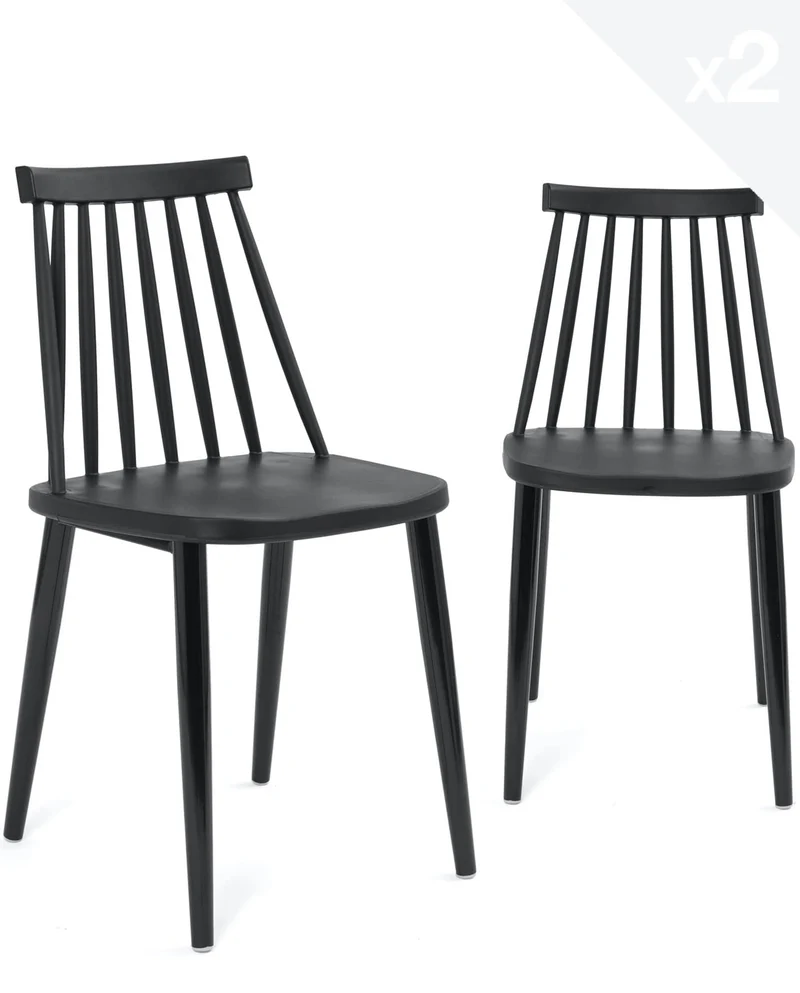 KAYELLES Lot de 2 chaises de Cuisine Noires bistrot café rétro à barreaux, Pieds métal Peint BAO (Noir)