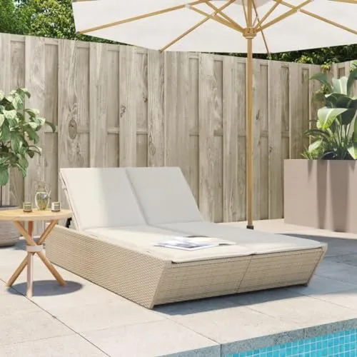 Gecheer Chaise Longue Double avec Coussins Beige résine tressée, Bain de Soleil inclinable de Jardin Exterieur, Dossier Réglable Lit de Jardin Transat de Plage Relax