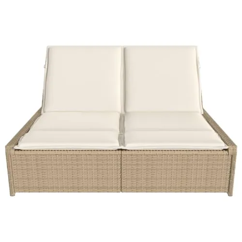 Gecheer Chaise Longue Double avec Coussins Beige résine tressée, Bain de Soleil inclinable de Jardin Exterieur, Dossier Réglable Lit de Jardin Transat de Plage Relax