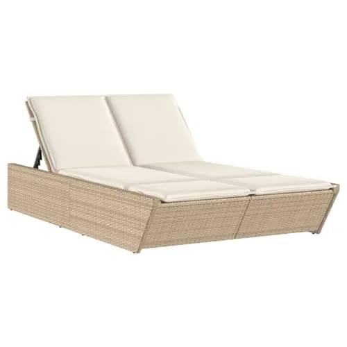 Gecheer Chaise Longue Double avec Coussins Beige résine tressée, Bain de Soleil inclinable de Jardin Exterieur, Dossier Réglable Lit de Jardin Transat de Plage Relax