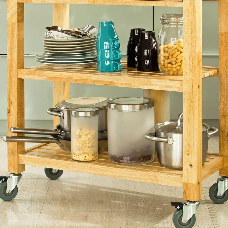 SoBuy Chariot de Cuisine en Bois d'hévéa Kitchen Trolley Desserte roulante avec Deux étagères L80xP40xH90cm, FKW24-N