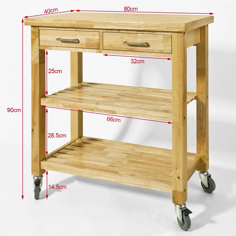 SoBuy Chariot de Cuisine en Bois d'hévéa Kitchen Trolley Desserte roulante avec Deux étagères L80xP40xH90cm, FKW24-N