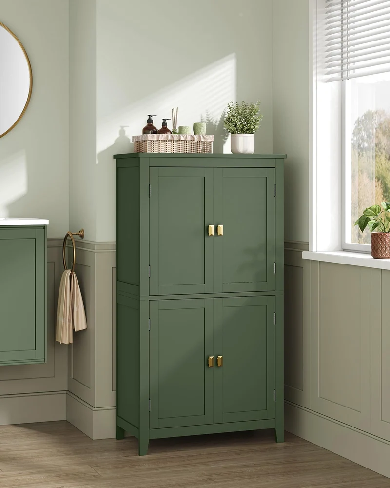 VASAGLE Armoire de Salle de Bain, Meuble de Rangement, Placard de Cuisine avec 4 Portes, Étagères Réglables, 30 x 60 x 110 cm, Vert Forêt BBC552C01