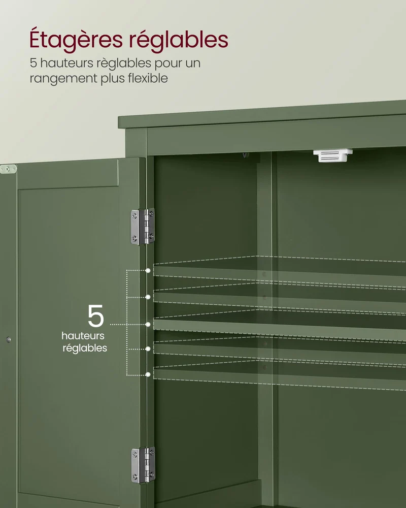 VASAGLE Armoire de Salle de Bain, Meuble de Rangement, Placard de Cuisine avec 4 Portes, Étagères Réglables, 30 x 60 x 110 cm, Vert Forêt BBC552C01