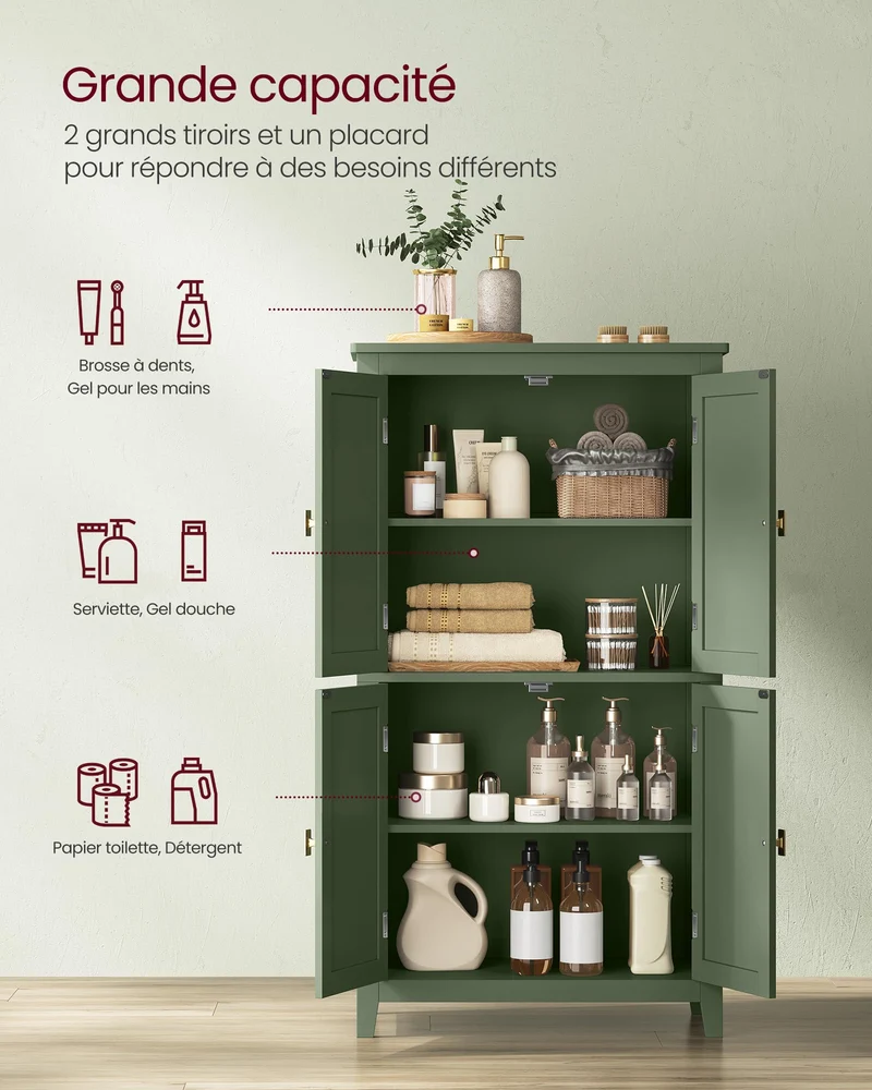 VASAGLE Armoire de Salle de Bain, Meuble de Rangement, Placard de Cuisine avec 4 Portes, Étagères Réglables, 30 x 60 x 110 cm, Vert Forêt BBC552C01