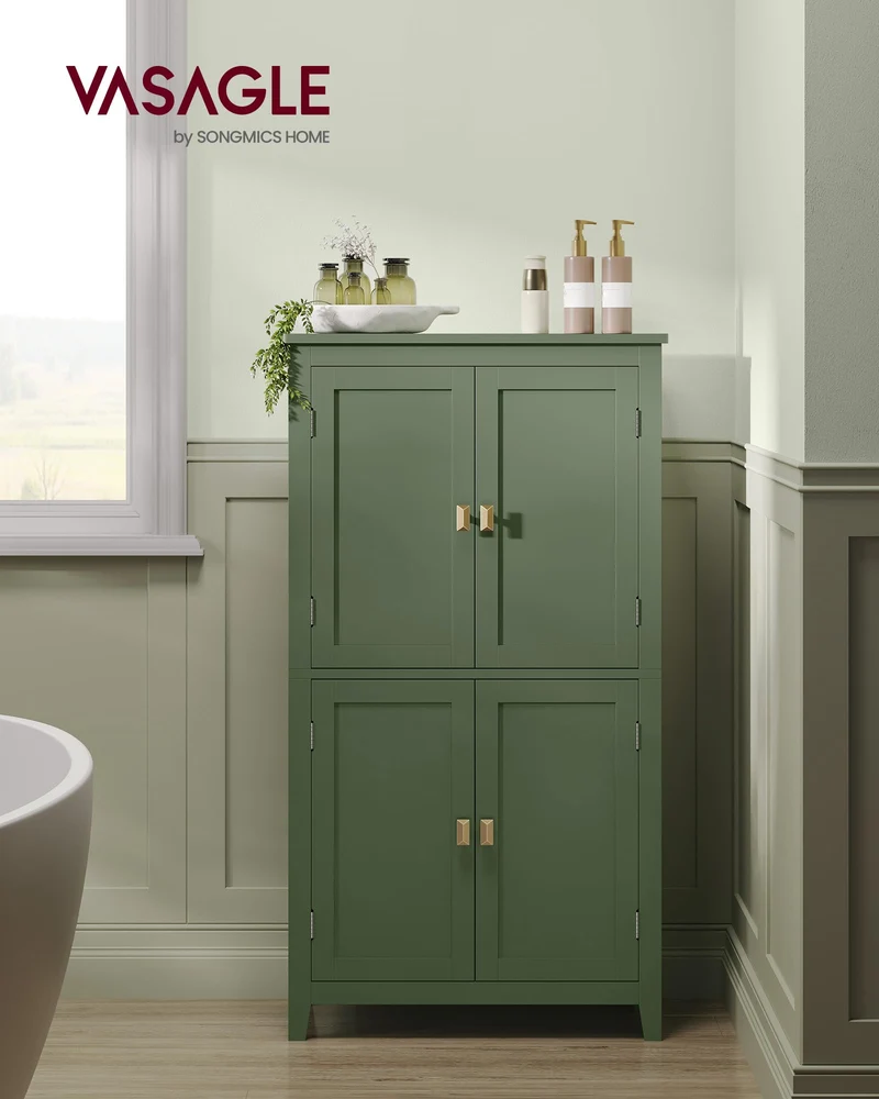 VASAGLE Armoire de Salle de Bain, Meuble de Rangement, Placard de Cuisine avec 4 Portes, Étagères Réglables, 30 x 60 x 110 cm, Vert Forêt BBC552C01