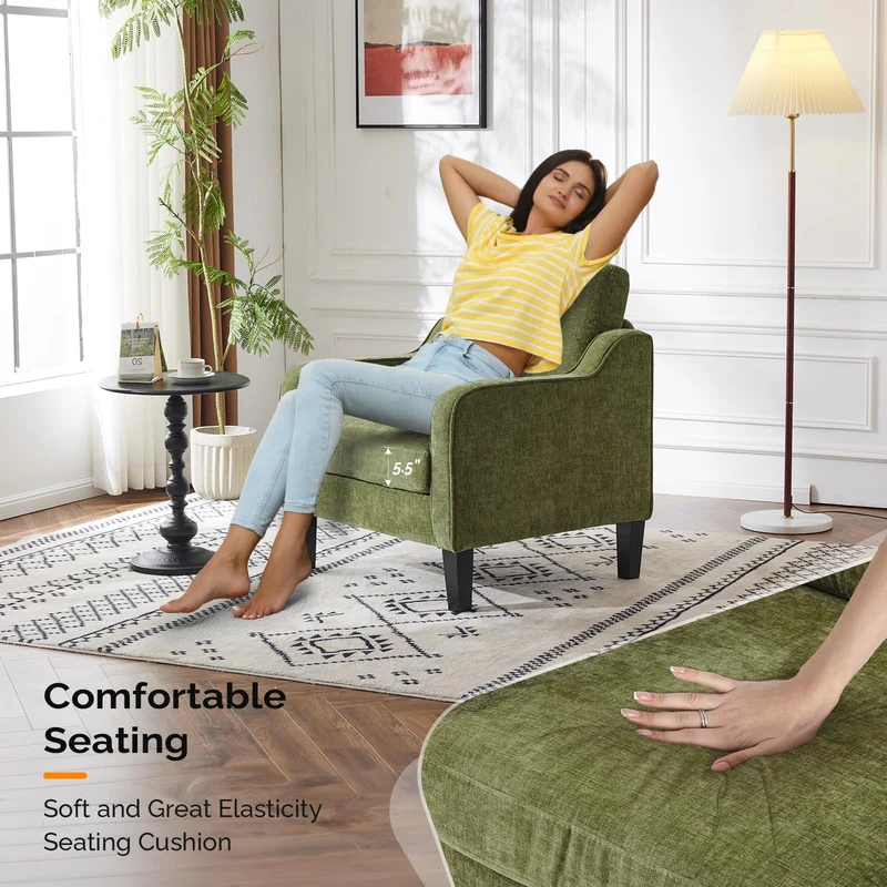 VINGLI Chaise d'appoint vert olive pour salon, chambre à coucher – Fauteuil moderne du milieu du siècle, siège rembourré confortable pour appartement, salle d'attente