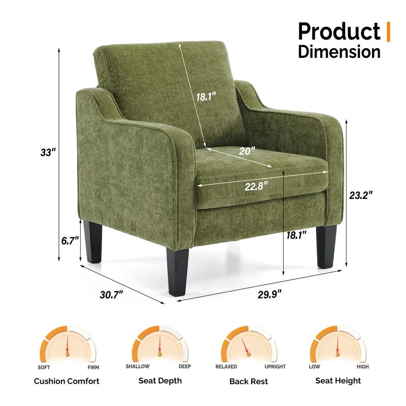 VINGLI Chaise d'appoint vert olive pour salon, chambre à coucher – Fauteuil moderne du milieu du siècle, siège rembourré confortable pour appartement, salle d'attente