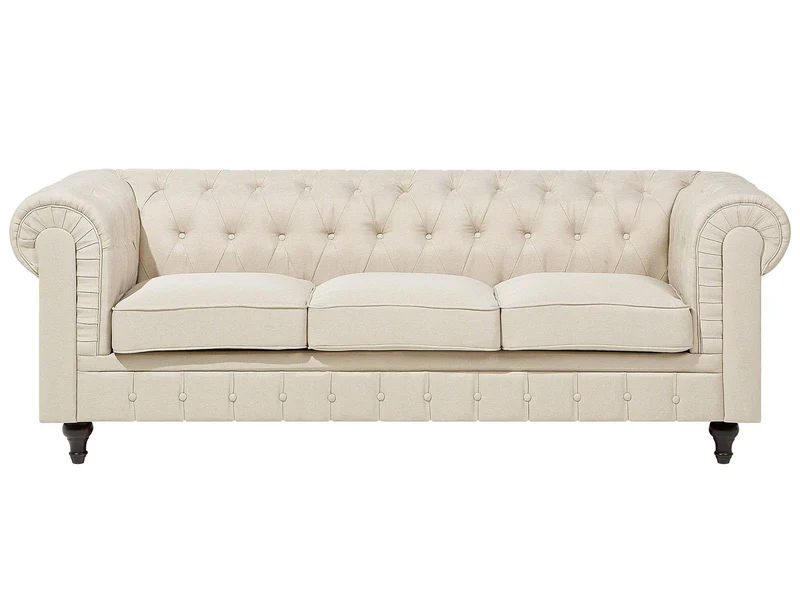 Canapé 3 Places en Tissu Beige Assise Rembourrée Large Dossier Points Chesterfield
