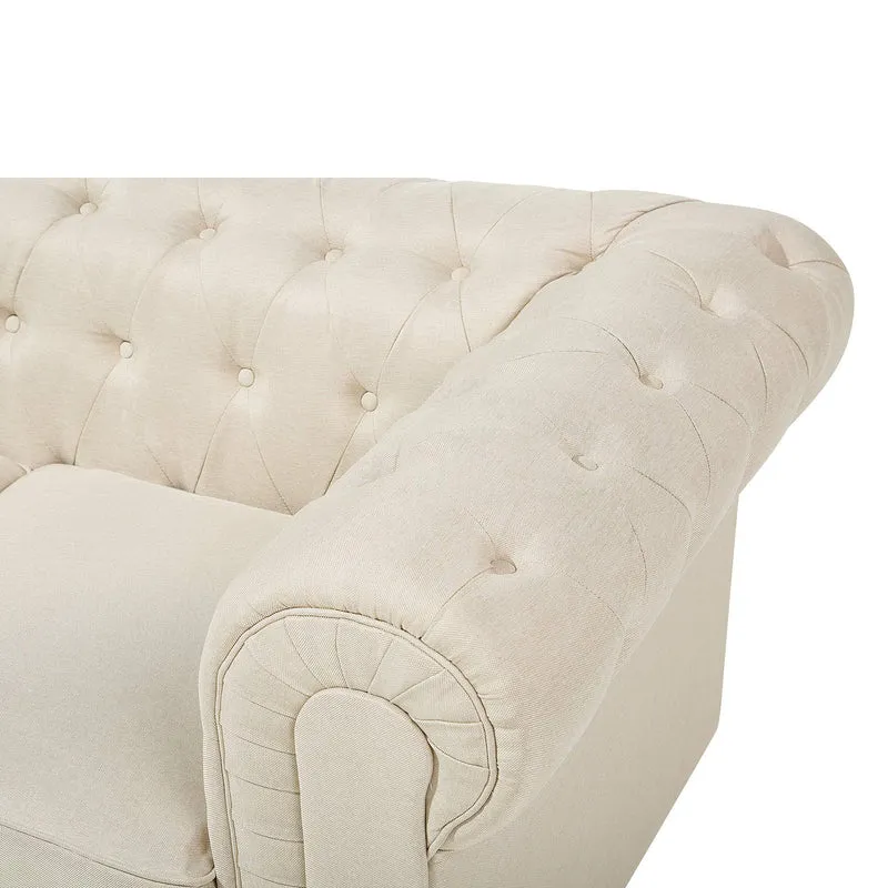 Canapé 3 Places en Tissu Beige Assise Rembourrée Large Dossier Points Chesterfield