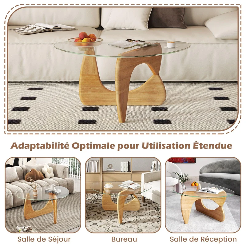 COSTWAY Table Basse Verre, Table Transparente Triangle, Plateau en Verre Trempé, Base en Bois de Caoutchouc Réglable, pour Salon