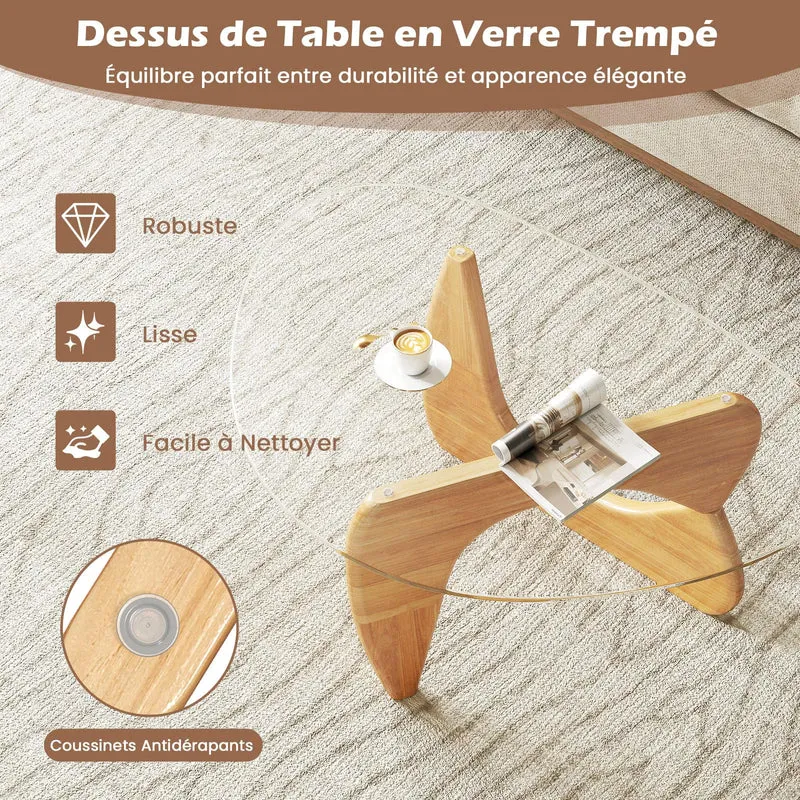 COSTWAY Table Basse Verre, Table Transparente Triangle, Plateau en Verre Trempé, Base en Bois de Caoutchouc Réglable, pour Salon