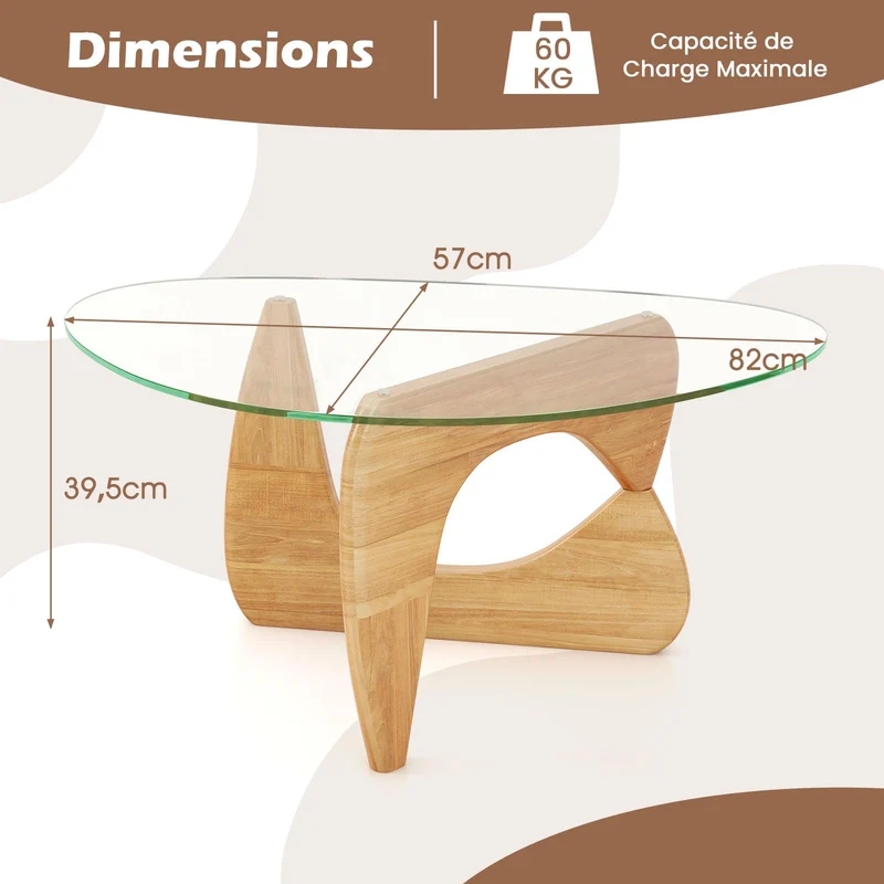 COSTWAY Table Basse Verre, Table Transparente Triangle, Plateau en Verre Trempé, Base en Bois de Caoutchouc Réglable, pour Salon