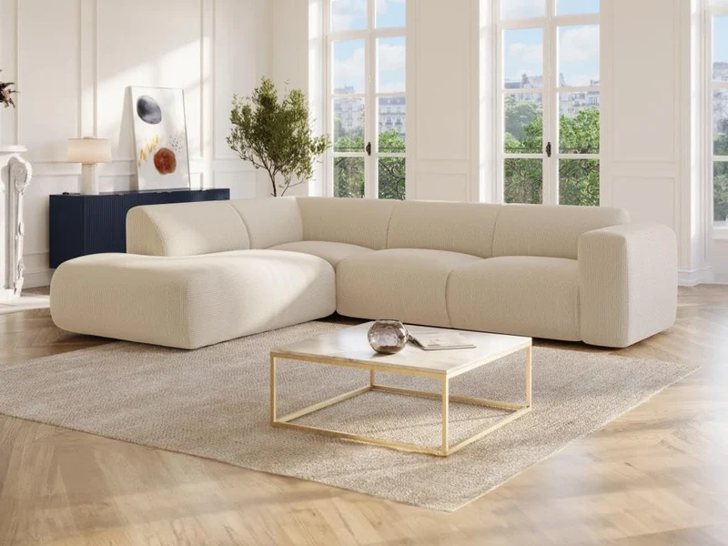Vente-unique - Grand canapé d'angle Gauche avec Dossier méridienne en Tissu texturé Beige POGNI de Maison Céphy