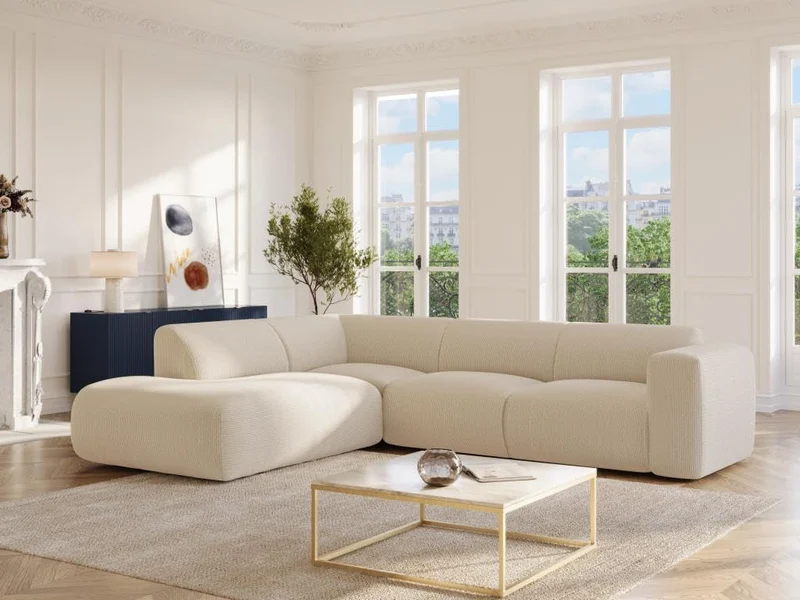 Vente-unique - Grand canapé d'angle Gauche avec Dossier méridienne en Tissu texturé Beige POGNI de Maison Céphy